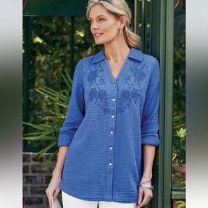 Soft Surroundings Escambia Gauze Tunic Shirt Embroidered Amparo Blue XL